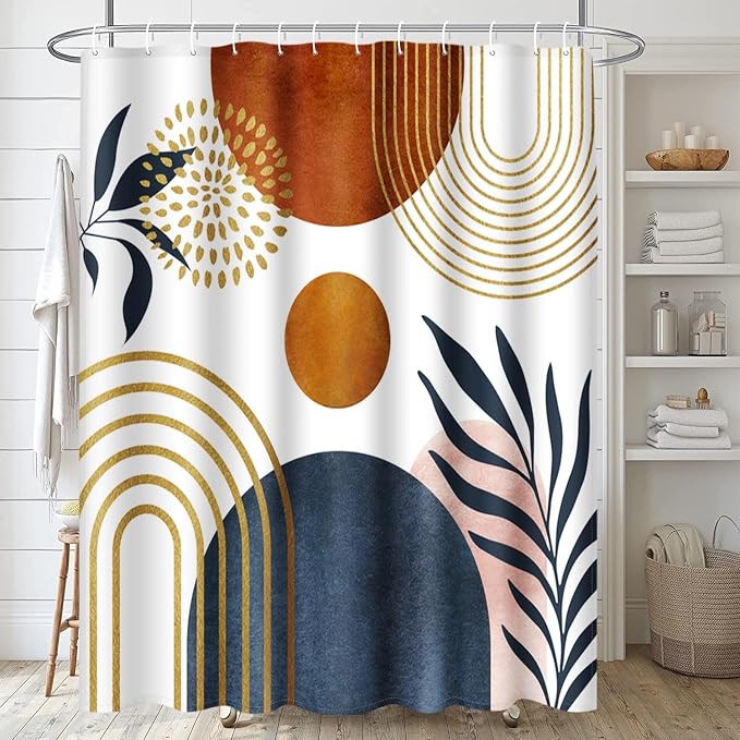 Emvency Shower Curtain Mid Century Sun Boho Geometric Leaf Aesthetic Arch Curve Bathroom Home Decor Waterproof Polyester Fabric 72 x 72 inches Set with Hooks