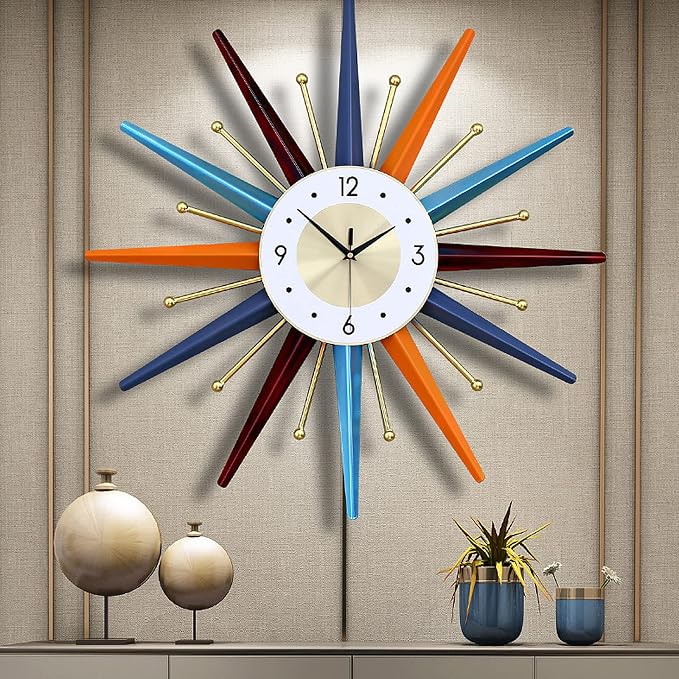 Starburst Large Wall Clock Metal Decorative,Mid Century Wall Clocks, Silent Non-Ticking Battery Operated Wall Clocks Home Décor for Living Room,Bedroom,Dining Room, Office, 22 inch