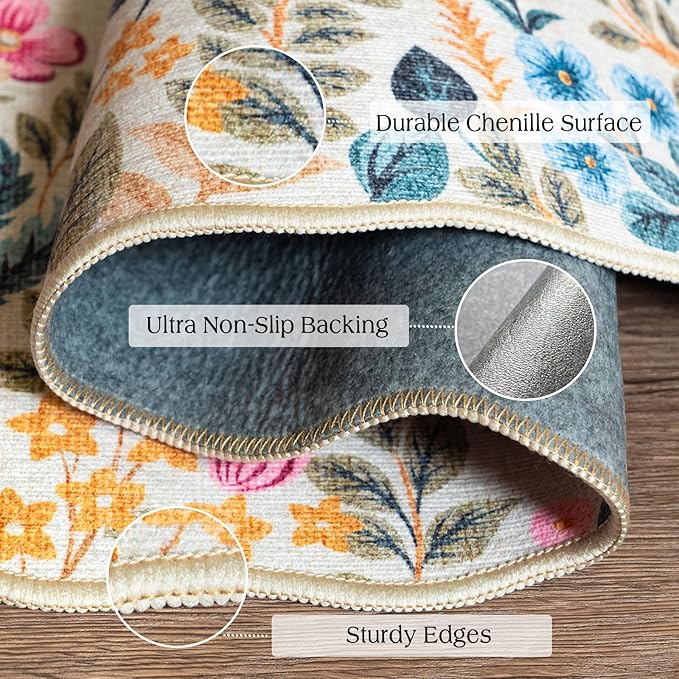 Front Door Mat Outside Entrance - 2x3 Beige Colorful Floral Non-Slip Washable Doormat Indoor Outdoor Mat Boho Vintage Entry Rug Small Throw Rugs for Entryway Kitchen Front Porch Decor