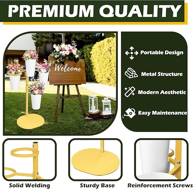 PROLEE Flower Display Stand with 4 Buckets, Flower Pot Stand, Flower Stand Metal, Florist Bouquet Shelf for Wedding, Party, Events, Oval Base, Gold