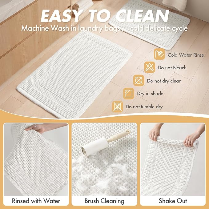 MIULEE Set of 2 Waffle Bathroom Rugs, Boho Bath Rug Super Absorbent, Non Slip Washable Ultra Soft Rubber Backed Shower Bath Mats for Floor, Tub, Shower, Looped Design, White, 17x24 Inch