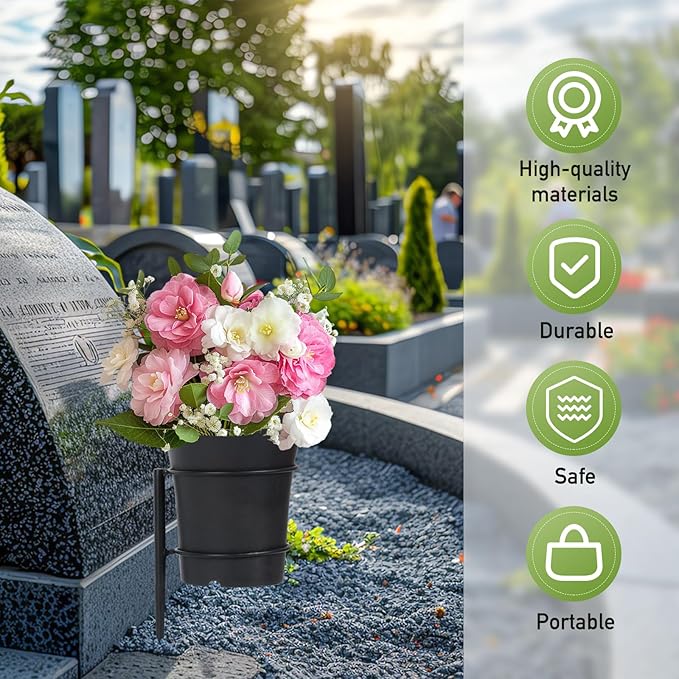 Large Metal Cemetery Vases Flower Holder with Spikes Memorial vases for Grave Vase Decorations for Cemetery Vase Flower Holder for Memorial Grave Lawn Yard Funeral Decor with Freely DIY, 5.4''Diameter