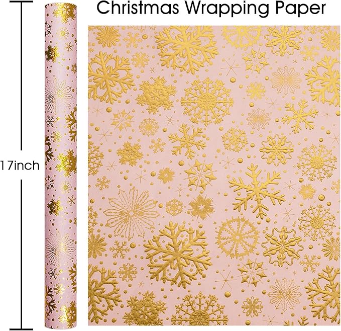 Flyhill Kraft Christmas Wrapping Paper,Snowflake Metallic Gold Embossed Foil Gift Wrap Roll, Pink and Gold Luxury Design for Holiday, Party,Celebration, New Year (17 Inch X 32.8 Feet)