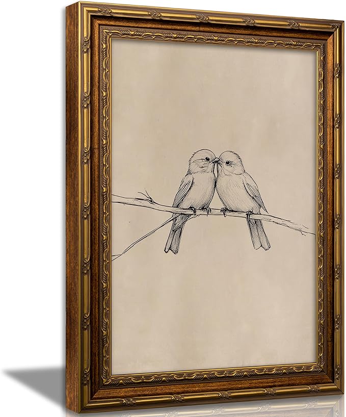 Vintage Gold Framed Bird Canvas Wall Art Two Birds Sketch Wall Decor Vintage Farmhouse Sketch Animals Artwork Retro Birds Painting Retro Rustic Print for Farmhouse Bedroom Living Room 12X16in