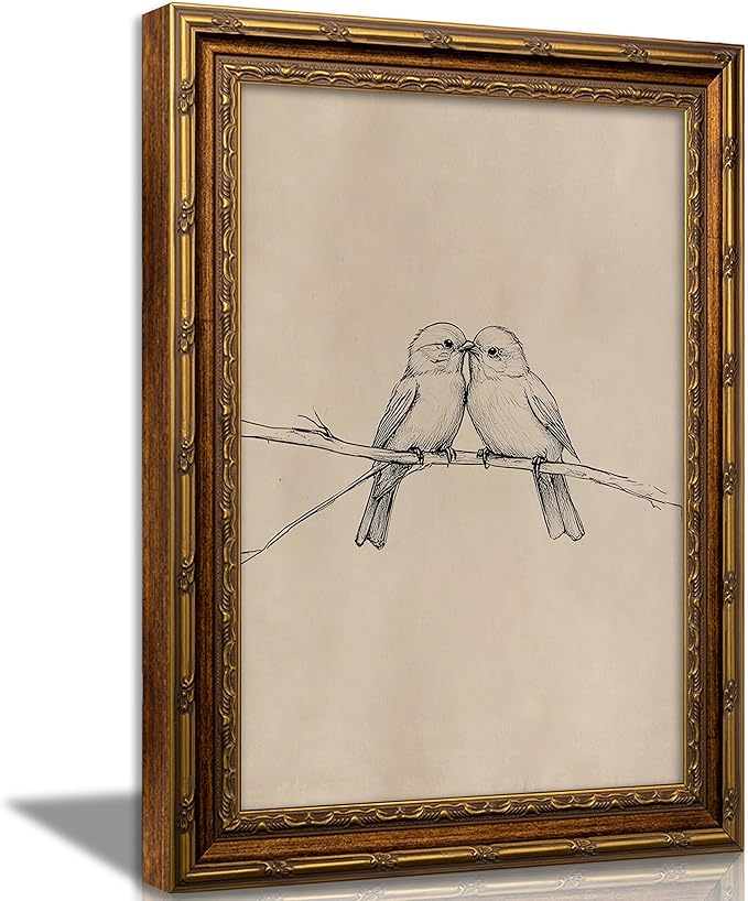 Vintage Gold Framed Bird Canvas Wall Art Two Birds Sketch Wall Decor Vintage Farmhouse Sketch Animals Artwork Retro Birds Painting Retro Rustic Print for Farmhouse Bedroom Living Room 16X24in