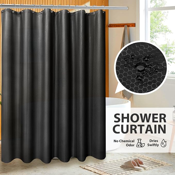 Bathroom Accessory Set, Shower Curtain Set, Toilet Brush, Trash Can & Soap Dispenser (Black Gold, Plastic)