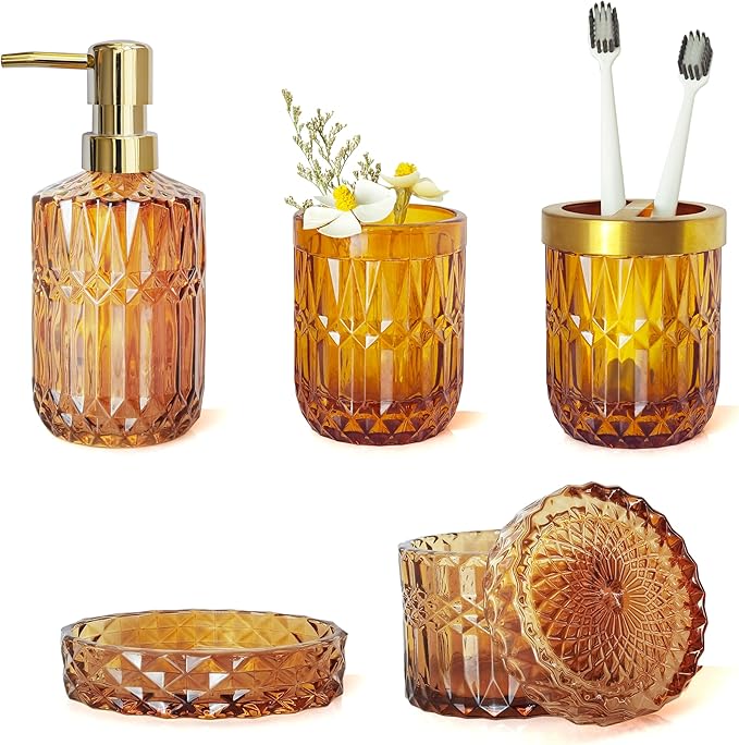 LaMarriti Amber Bathroom Accessories Set, 5Pcs Clear Glass Bathroom Sets, Hand Soap Dispenser, Soap Dish, Toothbrush Holder Set, Qtips Holder for Crystal Vintage Bath Decor, Set