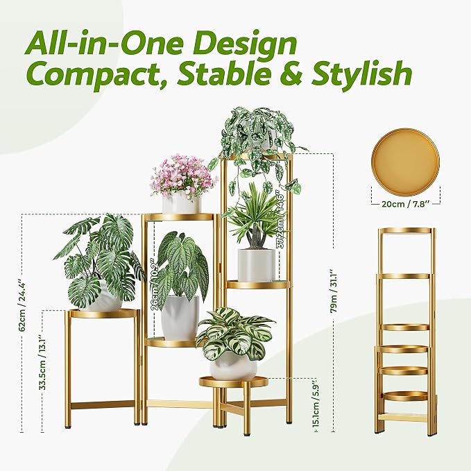 6 Tiered Plant Stand Indoor for Multiple Large Planter, Tall Heavy Duty Adjustable Folding Rack with Rustproof 7.9 Inch Wide Tray, Plant Shelf for Corner Living Room - GoldDisk