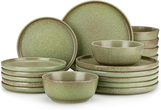 vancasso Plates and Bowls Sets, 18 Pieces Stoneware Dinnerware Set for 6, Ceramic Dish Set for Kitchen, Microwave and Dishwasher Safe, Mossy Green, Series ZERMATT
