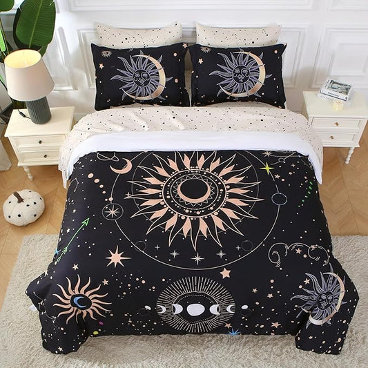 7 Piece Sun and Moon Comforter Set Bed in a Bag Queen Size - Boho Celestial Constellations Bedding for Girls Women - Black Gold - Lightweight Comforter with Sheets and Pillowcases