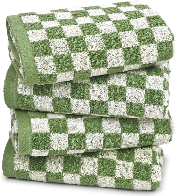Jacquotha Green Hand Towels for Bathroom Set of 4 - Cute Checkered Bathroom Towels for Kitchen Decor, Lightweight for Bath Face Body