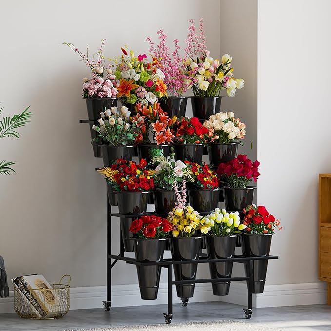 Zhongma 4 Tier Metal Flower Display Stand with 16pcs Plastic Buckets for Fresh Flowers Heavy Duty Garden Cart Moving Flower Bucket Stand with Wheels