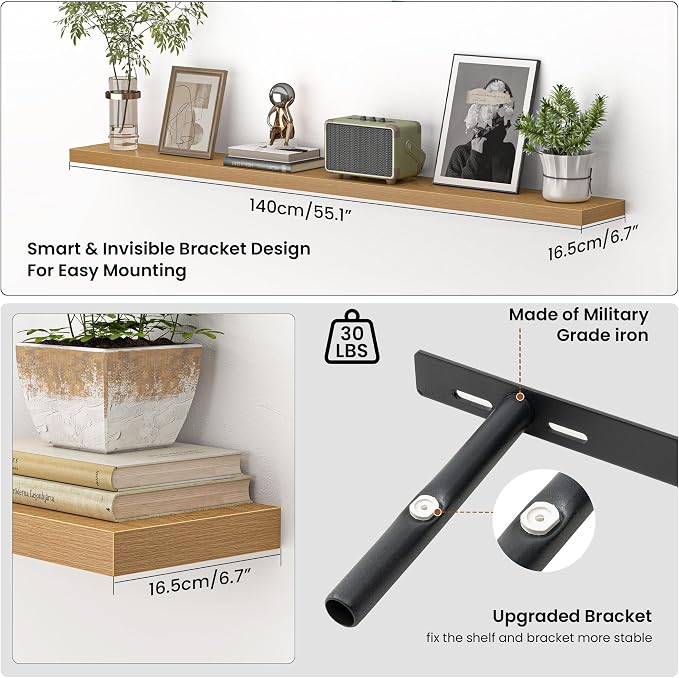 Heimlove 55 Inch Floating Shelves for Wall,Extra Long Mounted Storage wall Shelves with Invisible Metal Bracket for Bedroom Living Room Kitchen Office Set of 2,Oak Color