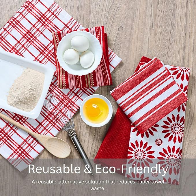 WeWove Assorted Kitchen Towels Set of 5-100% Cotton Dish Cloths Towels with Hanging Loop - Soft Absorbent Washable Reusable for Kitchen Use - Quick Drying 16x26 inch Dish Towels Red