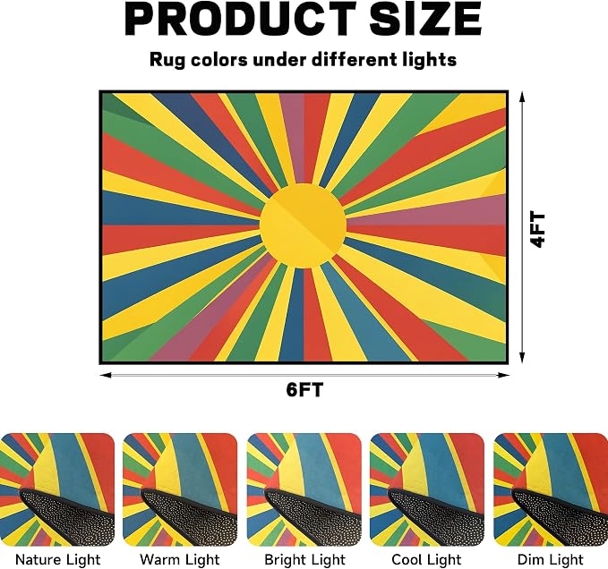 Rainbow Sunburst Area Rug Colorful Geometric Sun Carpet Soft Non-Slip Washable Floor Mat for Bedroom Living Room Nursery Playroom Classroom Home Decor,4'x6'