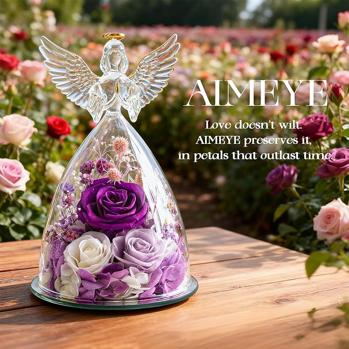 Christmas Roses Gifts for Mom,Preserved Real Flowers Roses in Glass Angel Figurines, for Grandma Women Mom Wife Mother in Law/Purple