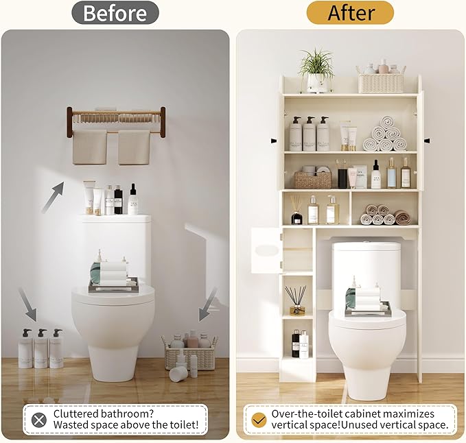 Vipbear Over The Toilet Storage Cabinet, 32.3” W Farmhouse Bathroom Storage Cabinet Above Toilet with Toilet Paper Holder and Barn Doors, Freestanding Restroom Organizer Space Saving Rack, White
