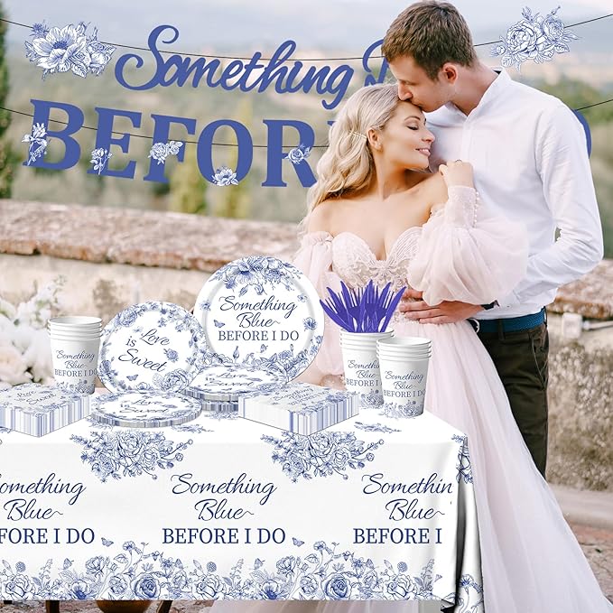 142PCS Something Blue Before I Do Bridal Shower Decorations Bridal Shower Party Favors for 20 Guests Blue Floral Plates and Napkins Tableware Set for Wedding Engagement