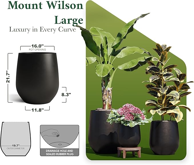 DTY Signature Mount Wilson Modern Indoor Outdoor Fiberstone Tapered Planter, Lightweight, Weather Resistant Garden Pot with Drainage Hole & Rubber Plug, Planter for Christmas Decor - Black, Large