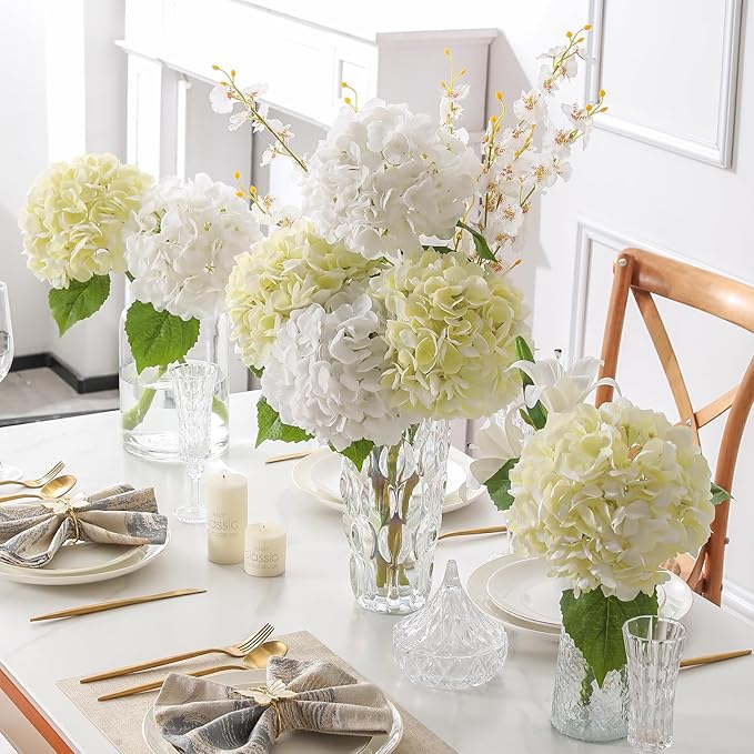 3Pcs Hydrangea Artificial Flowers, 22.44" Real Touch Latex Faux Hydrangea with Long Stems & Leaves for Home Office Decor or Wedding, Party, Centerpieces, Floral Arrangements (Cream White)