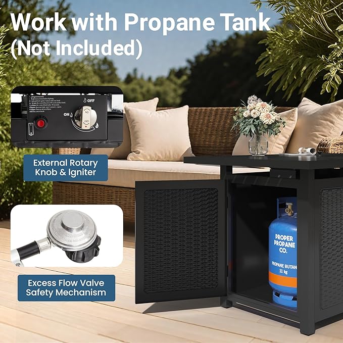 FansaFurn Black Propane Fire Pit Table, 50000 BTU Gas Fire Pits Table with Removable Lid and Lava Rock, Rectangular Fire Table with Cover, Ideal for Dining or Party on Patio, 43'', Garden, Yard