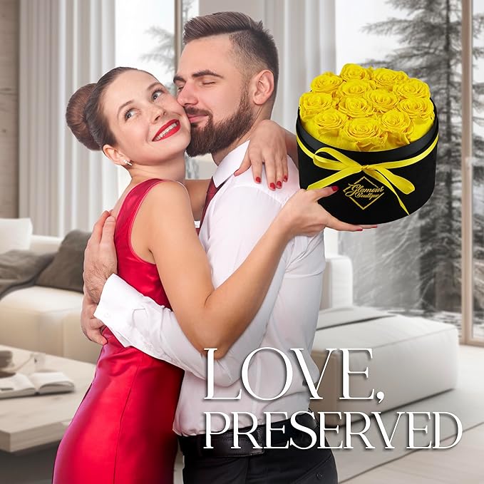 GLAMOUR BOUTIQUE Flowers Forever Gift Box 12 Real Preserved Roses in a Velvet Box, Birthday for Her Mom and Wife, Mothers Day, Anniversary, Graduation - Yellow