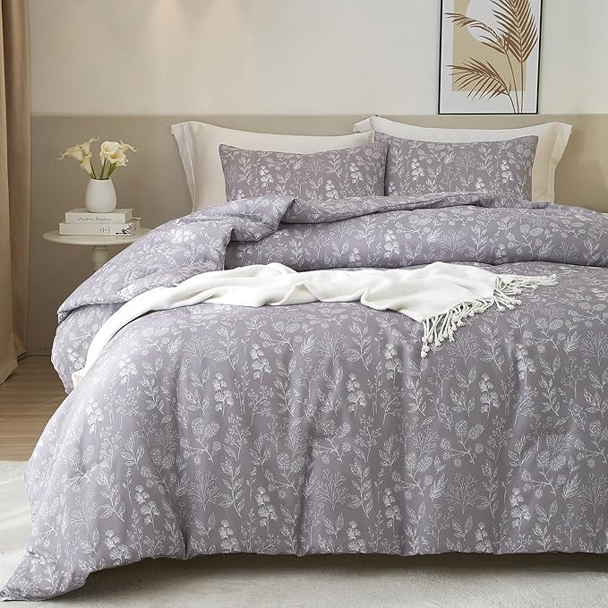 HighBuy Garden Lavender Floral Comforter Set King Size Boho Chic Vintage Floral Bedding Comforter Set 1 King Comforter with 2 Pillowcases Lightweight Bedding Set Flowers Botanical Comforter Sets