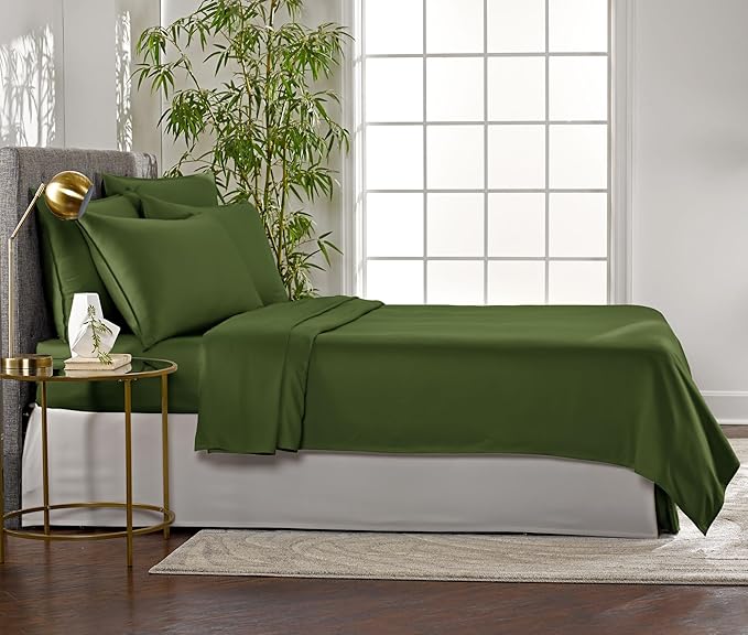Pure Bamboo Queen Sheets, Genuine 100% Organic Viscose Derived from Bamboo Bed Sheet Set, Luxuriously Soft & Cooling, Double Stitching, 2 Year Quality Promise (Queen, Pesto)