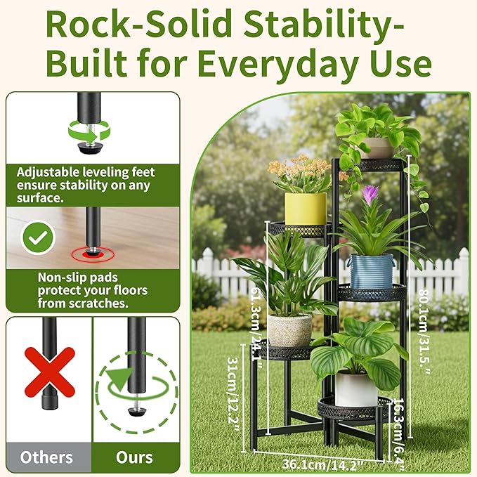Plant Stand Indoor Outdoor, 5 Tier Corner Metal Flower Display Holder Shelf, Folding Tall Rack for Patio Balcony Porch Garden Living Room House, Heavy Duty Wrought Iron Plant Shelf- BlackWave