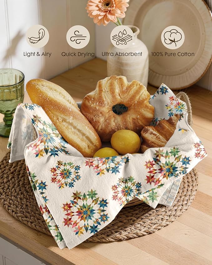 Miss Adola 2 Pack Flour Sack Kitchen Towels - 16x26 Inch Cotton Dish Towels with Hanging Loop Reusable Geometric Boho Modern Retro Tea Towel Absorbent Dishcloths Home Decor, Starburst Design