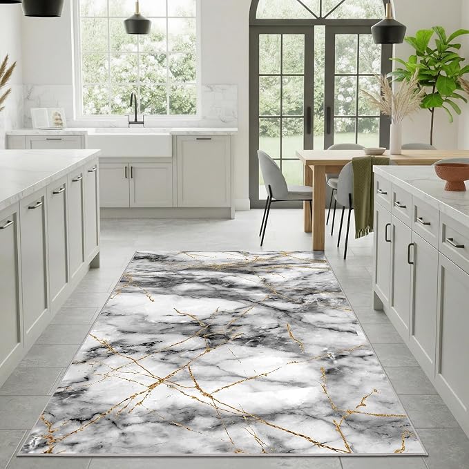 Merelax 4x6 Area Rug for Livingroom Bedroom - Washable Non-Slip Abstract Grey Rug, Indoor Floor Carpet Low Pile Soft Rug for Entryway, Mudroom, Kitchen, Modern Aesthetic Home Decor, Gray&Gold