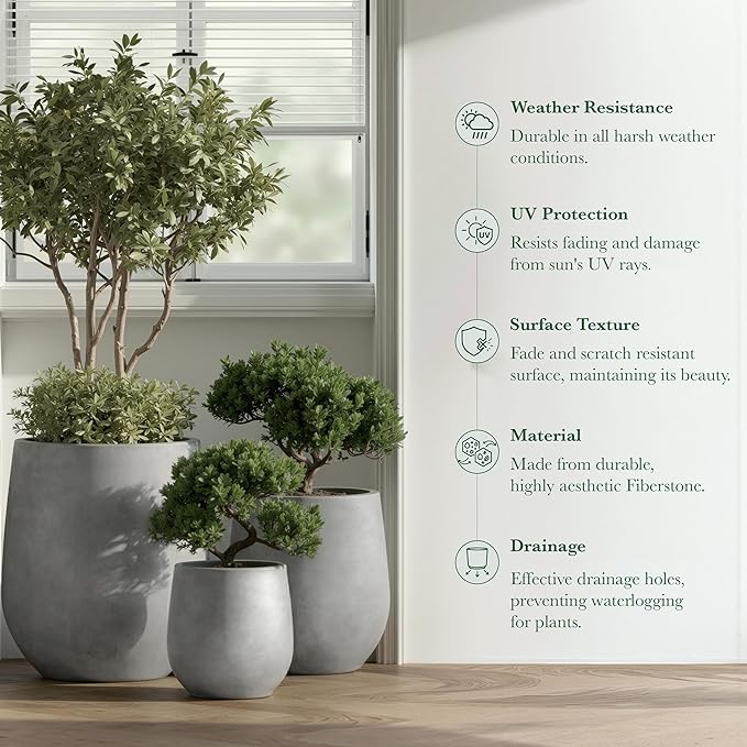 DTY Signature Mount Wilson Modern Indoor Outdoor Fiberstone Tapered Planter, Lightweight, Weather Resistant Garden Pot with Drainage Hole & Rubber Plug, Planter for Christmas Decor - Gray, Medium