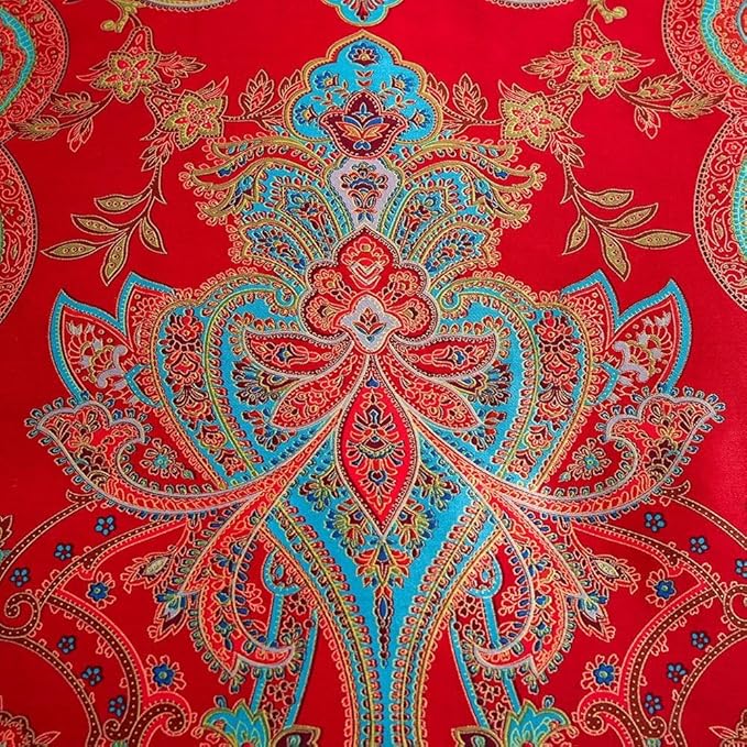 Vintage Red Floral Duvet Cover King Percale Long Staple Cotton Comforter Cover Floral Paisley Farmhouse Boho Flower Jacquard Bedding Set King Luxury Floral Red Duvet Cover with Zipper Ties