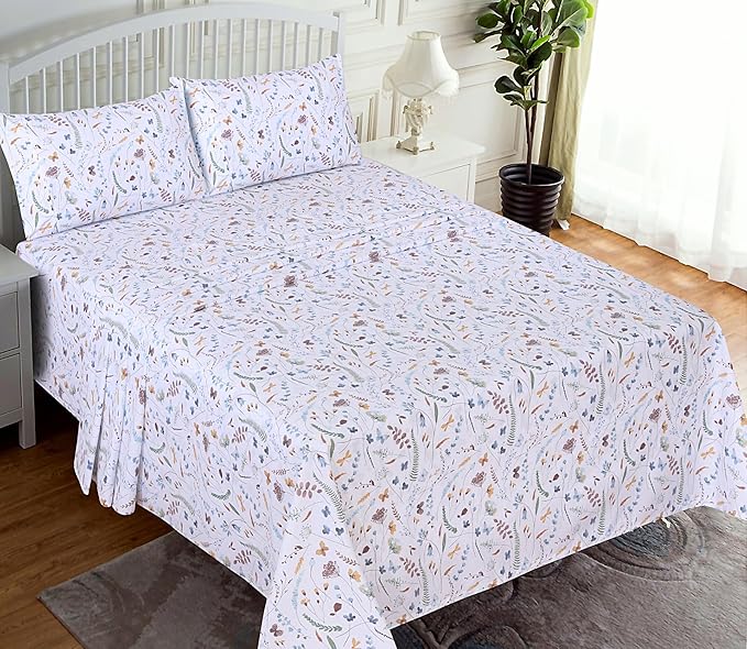 RUVANTI 100% Cotton Full Size Bed Sheets, 4 Pieces, Soft & Breathable Percale Weave Bedding, Deep Pocket 16", Hotel Standard, Crisp Cool Feel, Durable, Perfect Sheet Set Floral, Fern Class