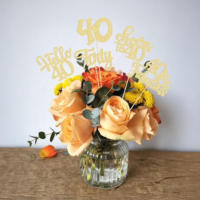Gyufise 15Pcs 40th Birthday Centerpiece Sticks Forty Happy 40th Table Flower Centerpieces Sticks Cheers to 40 Floral Decorations for 40th Birthday Party Centerpieces Supplies Gold