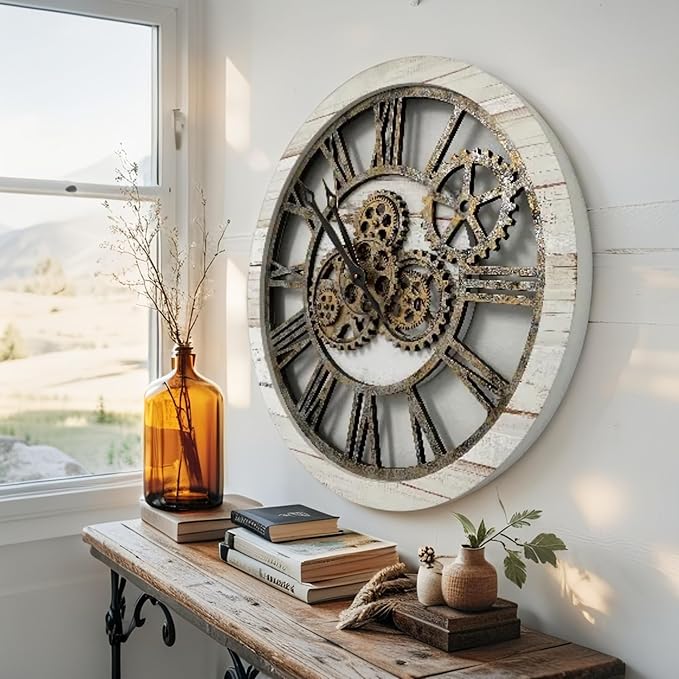 ImprovingLife The Gears Clock The Original Real Moving Gear Wall Clock Vintage Industrial Oversized Rustic Farmhouse (24 inch (60cm), Vintage Desert Beige and Bronze)