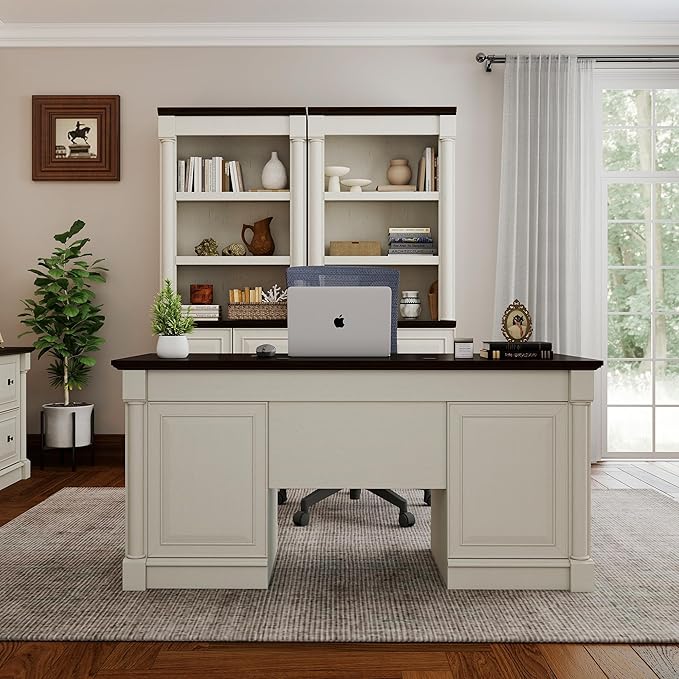 61.85″ Executive Desk with Roman Column Design, Large Boss Office Desk 3 Drawers incl. File Drawer, Keyboard Tray, Cabinet Shelf with Door, White with Brown Desktop