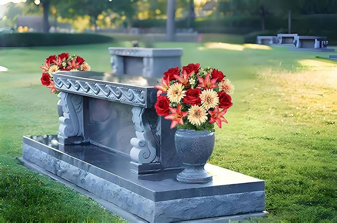 Hollyone Set of 2 Artificial Cemetery Flower for Graves Red Cemetery Memorial Flowers for Outdoor Grave Decorations Silk Flower Arrangements Rose Lily Gerbera Floral Flowers Bouquets
