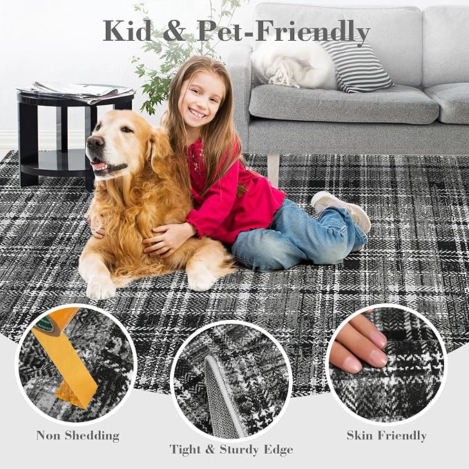 Tartan Plaid Washable Runner Rug 2.5x12 Non Slip Kitchen Rugs Modern Indoor Entryway Rug Soft Bath Mat Stain Resistant Carpet for Bedroom Hallway Laundry Black