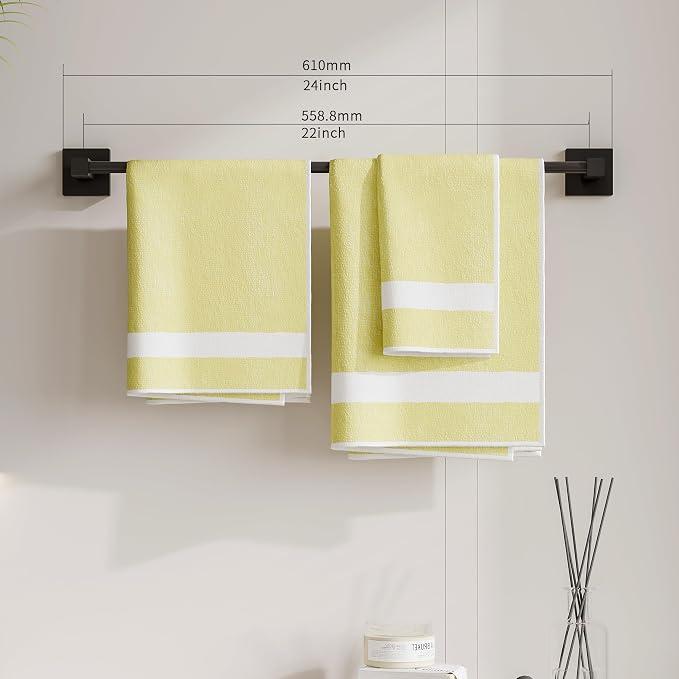 Ruacq Matte Black 21 Inch Single Towel Bar Square Bath Towel Holders Bathroom Towel Rack SUS304 Stainless Steel Modern Wall Mounted Total Length 24 Inch