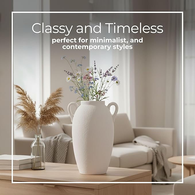 Decorative Vase for Home Decor – Textured Ceramic Jug with Handles, White Table Vase for Flowers, Modern Centerpiece for Living Room Styling or Shelf Displays, Casual Home Accent – 13", White