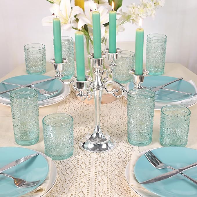 Darlion 6 Pack Green Vintage Glassware Set, 10oz Textured Embossed Drinking Glasses, Colored Water Glasses, Green Glass Cups for Juice, Cocktails, Beer, Iced Tea, Soda