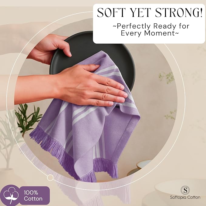 Striped Kitchen Towels 4 Pack, 16x26 Inches, 100% Cotton, Absorbent Dish Towels for Kitchen Drying, Reusable Dishcloths for Cleaning, Quick Dry Wash Rags for Everyday Use - Lavender