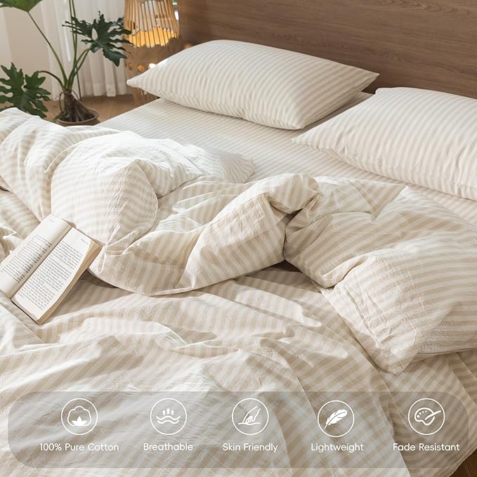 MooMee Striped Duvet Cover Set 100% Washed Cotton Linen Like Textured Breathable Durable Soft Comfy (Almond Milk Grey Classic Stripes, Queen 90"x90")