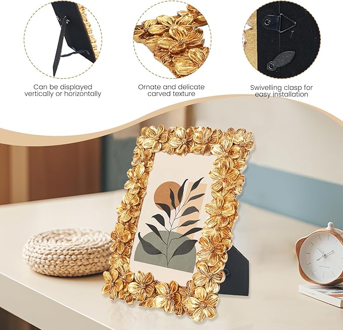 Floral Photo Frame 4x6, Gold Vintage Picture Frames with Carved Flower, Resin Picture Frame with Glass Front, Photos Display for Tabletop or Wall Hanging, Ornate Handmade Photo Frames, Gift Ideas