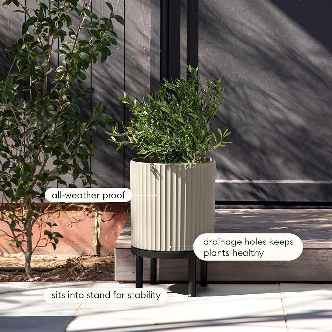 Veradek Demi Series Round Planter w/ Stand for Porch/Patio | Durable Plastic-Concrete & Wooden Stand | Modern Décor for Tall Plants, Flowers