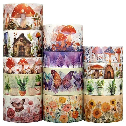 KOVANO Washi Tape Set 13 Rolls - Mushroom Butterfly Floral Decorative Tape, Colored Masking Tape for Scrapbooking Supplies, Bullet Journal Supplies, Junk Journal, DIY Crafts Art