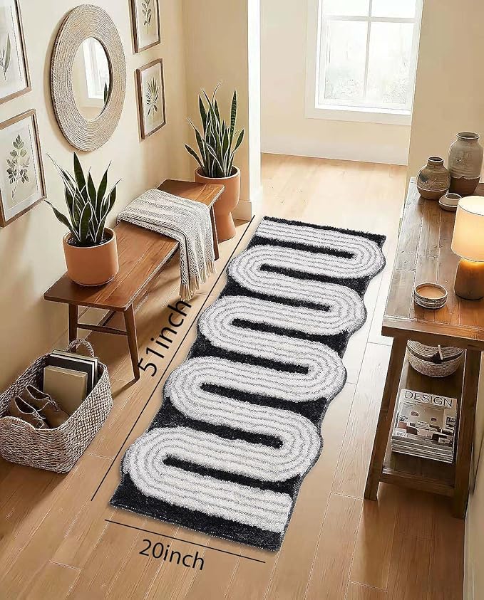 Geometric Design Boho Runner Bathroom Rugs, Long Scalloped Cute Bath Mat Non Slip for Bedroom Kitchen Hallway Laundry Room, Funky Retro Farmhouse Bath Rug Washable, Black/Grey, 51"x20"
