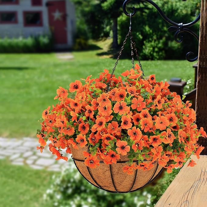 24 Bundles Fall Flowers Artificial for Halloween Decoration Outdoors, Fake Plants Autumn, Mums Daisy Eucalyptus Realistic UV Resistant for Garden Patio Porch Home Decor, Orange