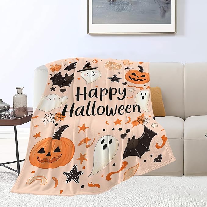 Happy Halloween Blanket Pumpkin Throw Blanket Pink Cute Bat Ghost Soft Cozy Fleece Fuzzy Stuffed Plush Flannel Gifts for Girls Women Boys Kids Adults 40''x50''